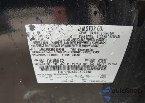 2013 Lincoln Mks из США, поврежденный, VIN 1LNHL9DK8DG609548